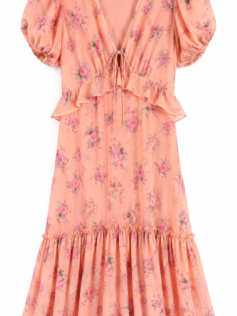 LoveShackFancy Peach Floral Tie-Front Ruffle Dress